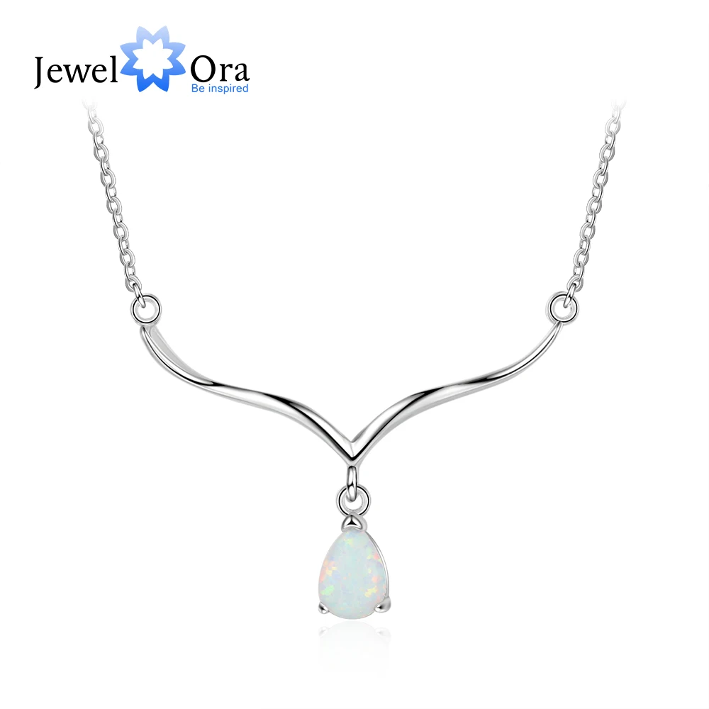 

925 Sterling Silver V Shape Chain Necklaces for Women Water Drop White Opal Pendant Necklace Jewelry Gift (JewelOra NE103185)
