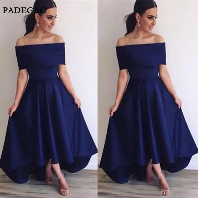 

Simple Navy Blue Evening Dresses Long A-Line Off Shoulder Boat Neck Stain High Low Sweep Train Evening Dress Custom Made