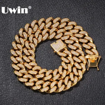 

UWIN Luxury Top Quality Stainless Steel Miami Cuban Link Necklace Gold Color Full Iced Out AAA Cubic Zirconia 20mm Chain Jewelry