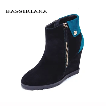 

BASSIRIANA - genuine suede leather Wedges heels Winter ankle boots for woman Slip-op platform winter shoes 35-40 Free shipping