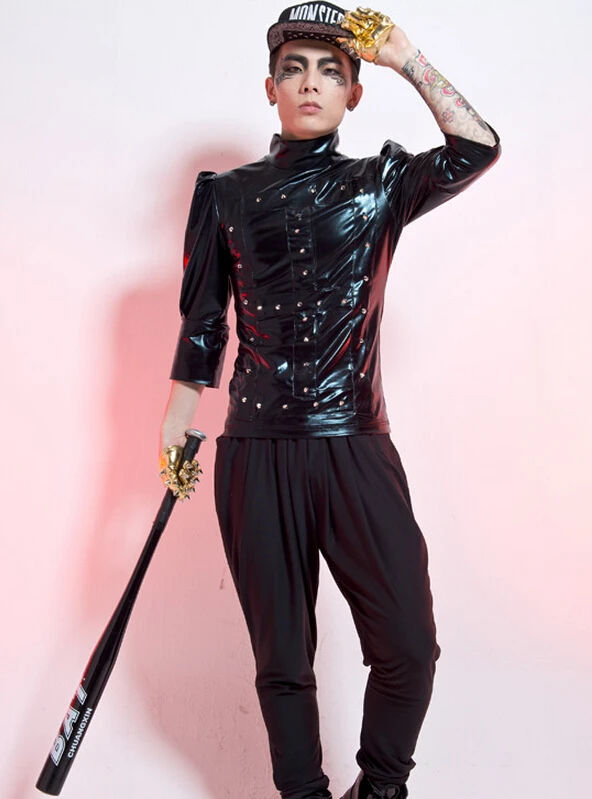 Стиль Модный черный кожаный мужской dj ds заклепки три четверти рукав костюм мужской патент певица куртка для танцев пальто в джазовом стиле