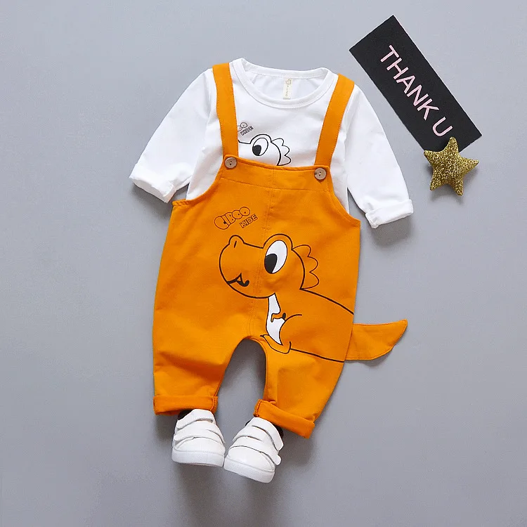 Одежда для маленьких мальчиков футболка с длинными рукавами и рисунком динозавра для новорожденных+ брюки на подтяжках комплекты одежды для малышей, костюм