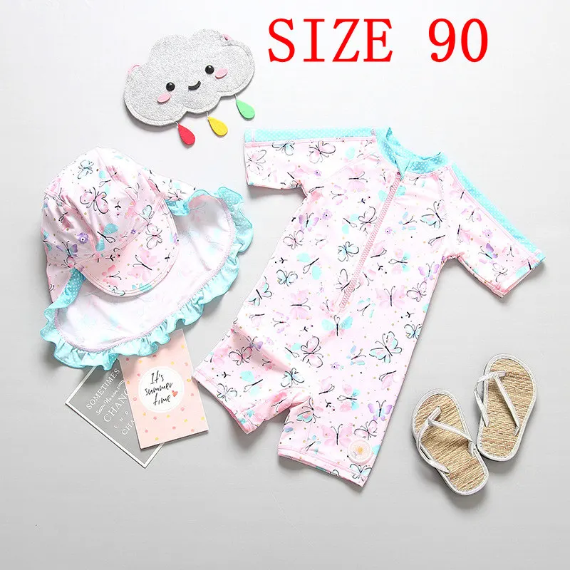 SIZE 90 Купальный костюм для девочек; детский цельный купальный костюм с принтом бабочки; одежда для купания с шапочкой для маленьких девочек; детская пляжная одежда - Цвет: SIZE 90
