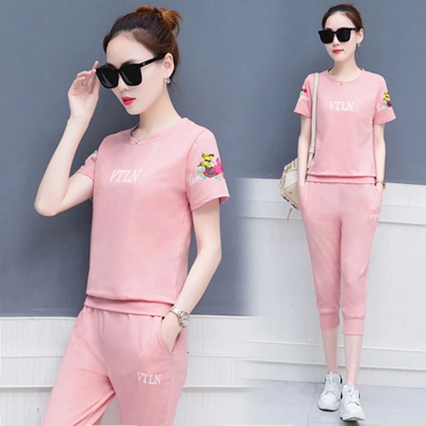 

Pink Tracksuits for Women 2 Piece Outfits Fashion Plus Size Sportswear Co-ord Set Top Pant Suits 2019 Summer Festival Clothing