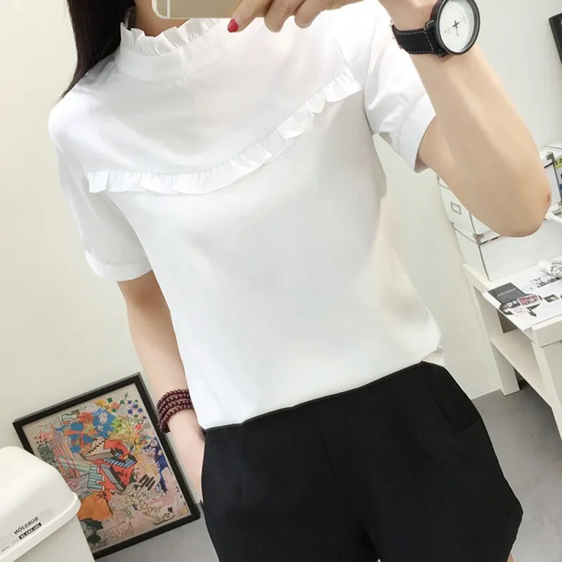 

Elegant Women Chiffon Blouse O-Neck Ladies Office Shirts 2017 New Korean Fashion Casual Slim Tops Solid Color For Spring Summer