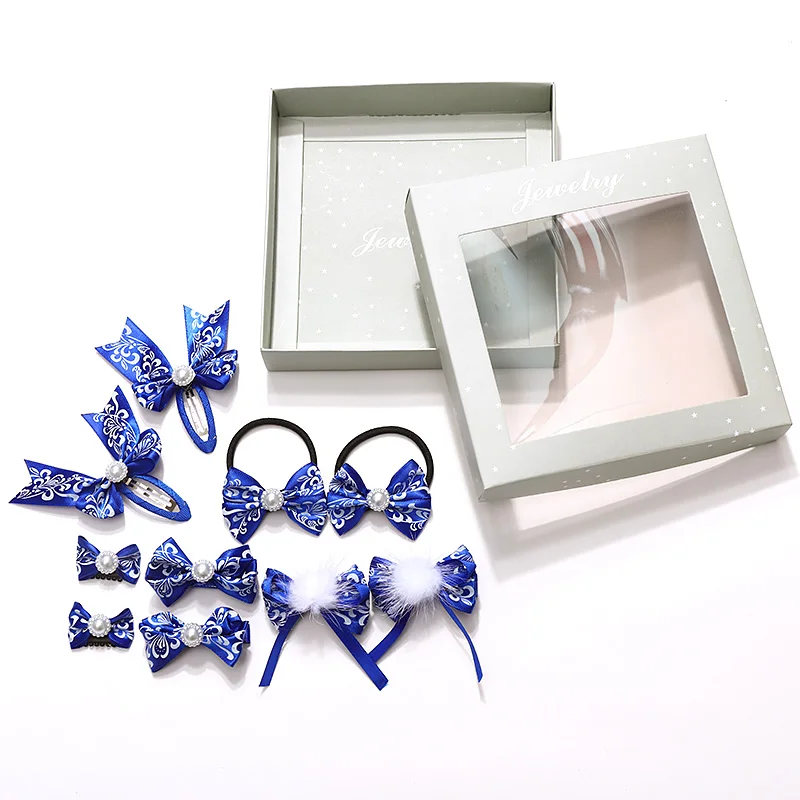 

New Arrivals 10Pcs/Lot Children Headdress Blue and White Porcelain Retro Hair Clip Princess Girls Bow Hairpins Headband Gift Set