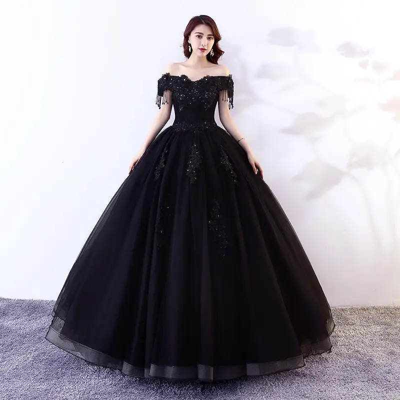 Сексуальное черное пышное платье с блестками, с вырезом лодочкой, Vestido De Noche Elegante, бальные платья с кисточками для девочек, 16 - Цвет: Черный