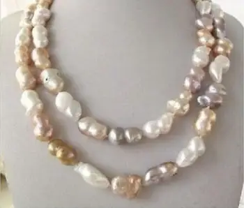 

free shipping Noble jewelry natural12x20mm genuine baroque white pink purple pearl necklace 33inch silver