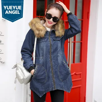 

Winter Loose Fur Hooded Thick Denim Coat Women Plus Size 3XL Casual Vintage Zip Warm Outwear Cotton Casaco Feminino Dark Blue