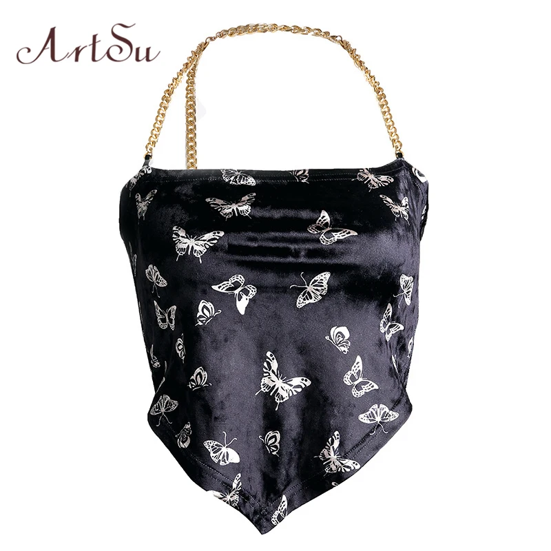 

ArtSu Butterfly Velvet Crop Top Off the Shoulder Black Halter Top Mujer Beach Autumn Bustier Bralette Camisole Camis ASVE20372
