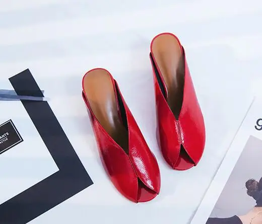 

Fashion Woman Slides in open toe Mid High Heel Black and red Square Heel temperament Spring Summer Shoes PU Leather