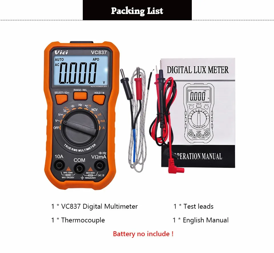 VICI VC837 True RMS 3 5/6 цифровой мультиметр с автоматическим выбором диапазона постоянной ёмкости, универсальный конденсатор сопротивление бесконтактная проверка напряжения переменного Температура Fequency диод hFE Тесты