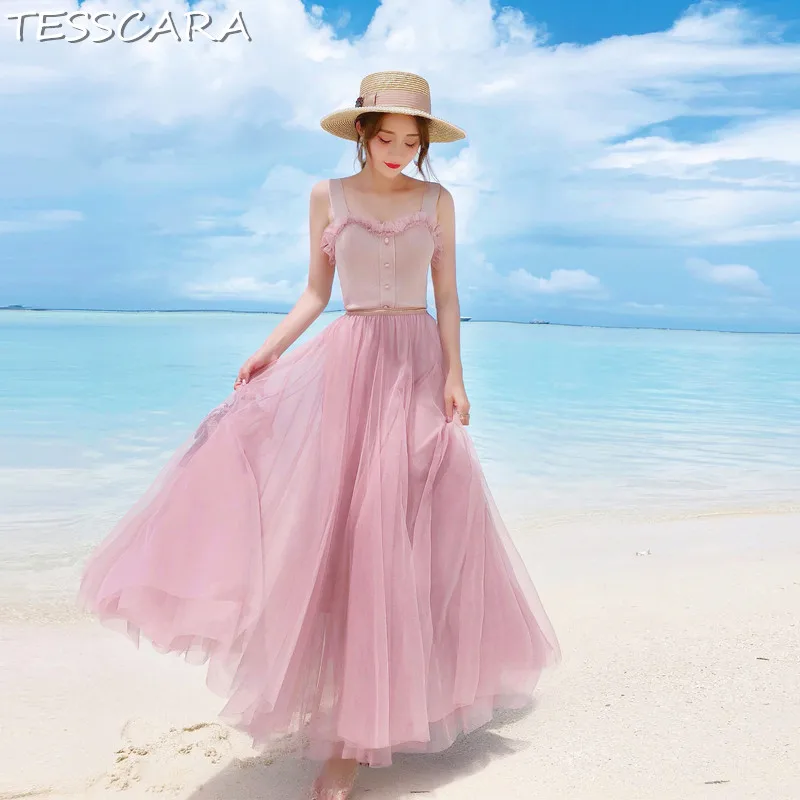 

TESSCARA Women Wedding Party Dress Suit Set Female Long Maxi Pink Mesh Dresses Robe Femme High Quality Flower Girl Vestidos
