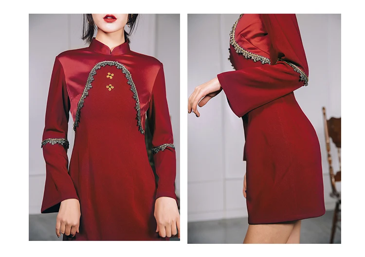 Красный Чонсам женский зимний женский Ципао современный стиль модифицированный короткий Чонсам китайский стиль длинный рукав платье осень девушка