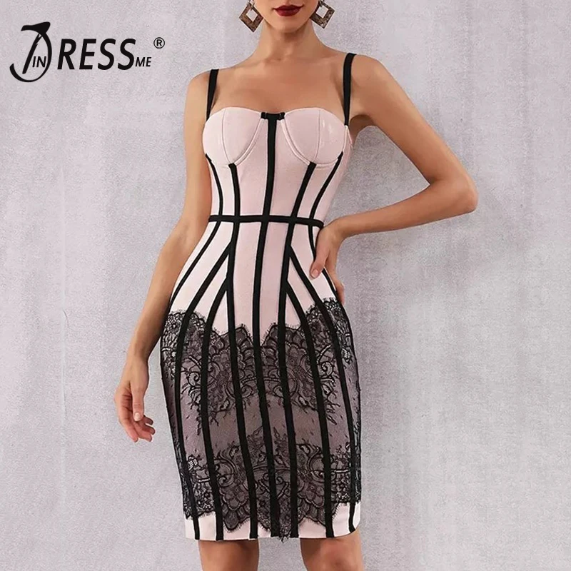 

INDRESSME 2019 New Women Fashion Spaghetti Strap Lace Sleeveless Striped Sexy Bandage Dress Floral Party Club Backless Dress
