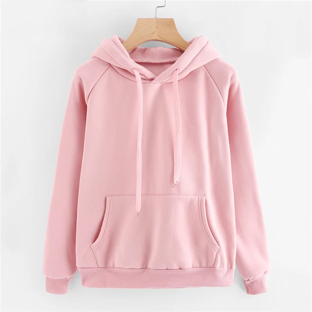 Casual Pink Sweatshirt Pocket Drawstring Hoodie Pullovers Fall Women