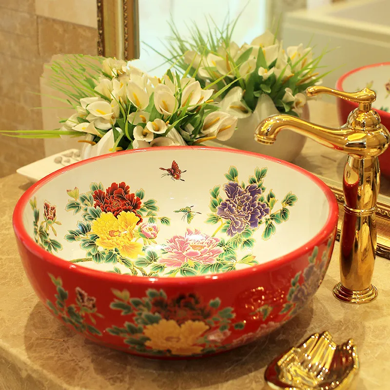 Europe Vintage Style Lavobo Ceramic Washing Basin Counter top Bathroom Sink hand painted vessel sinks Peony painting black (2)