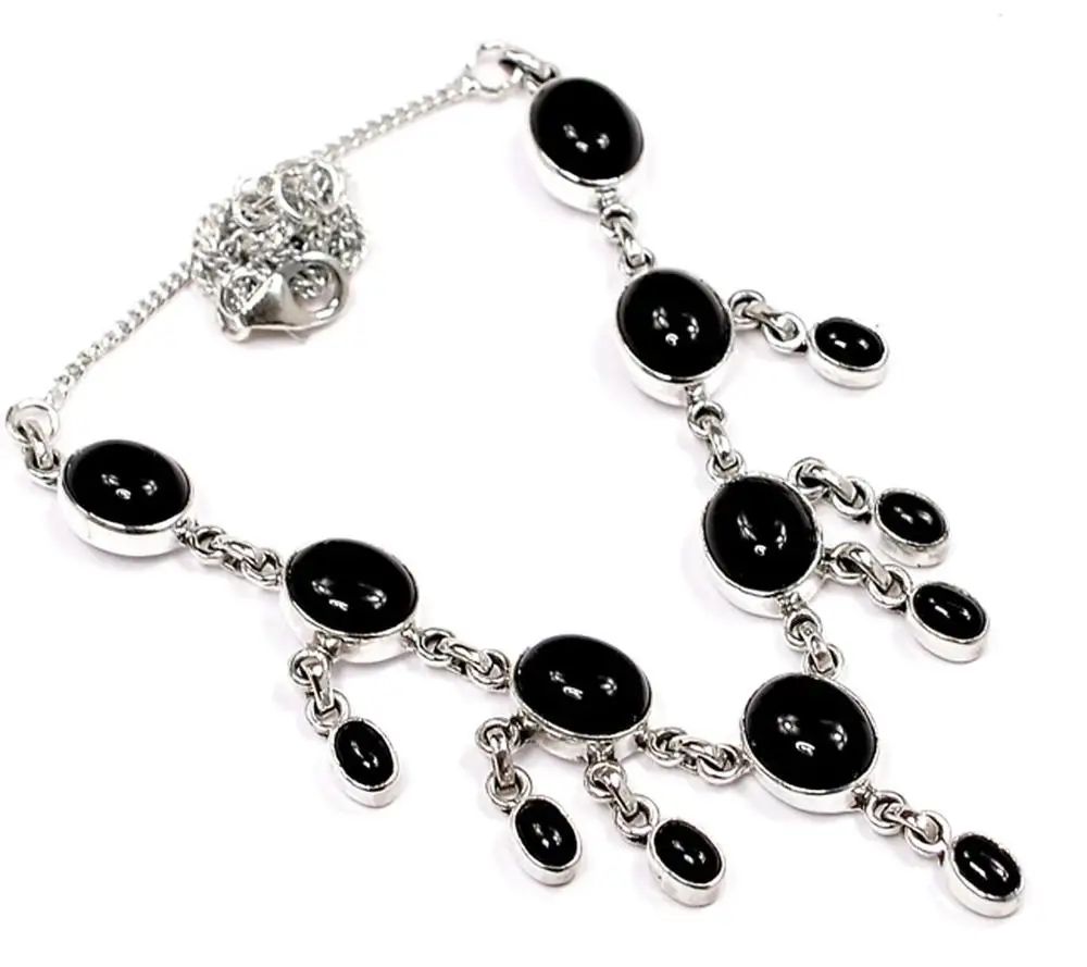 Lovegem Genuine Black Onyx Necklace 925 Sterling Silver, NE0003