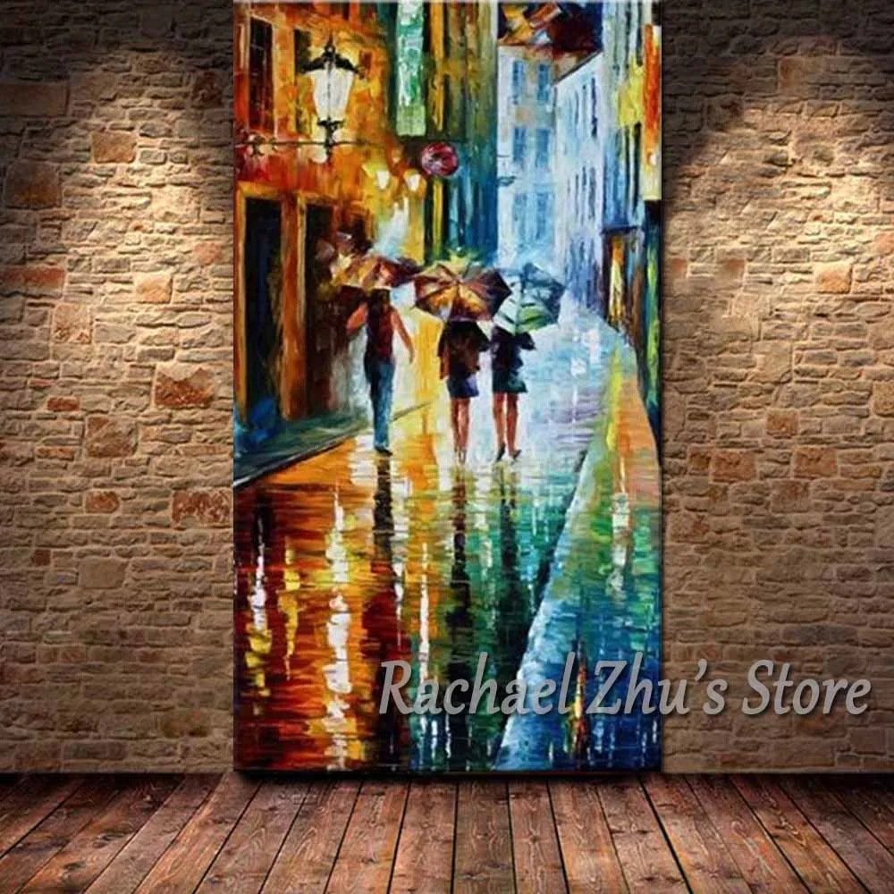 

Hand Painted Palette Knife Rainy Night Umbrella Oil Painting On Canvas Wall Pictures Living Room Bedroom Home Wall Art Decor