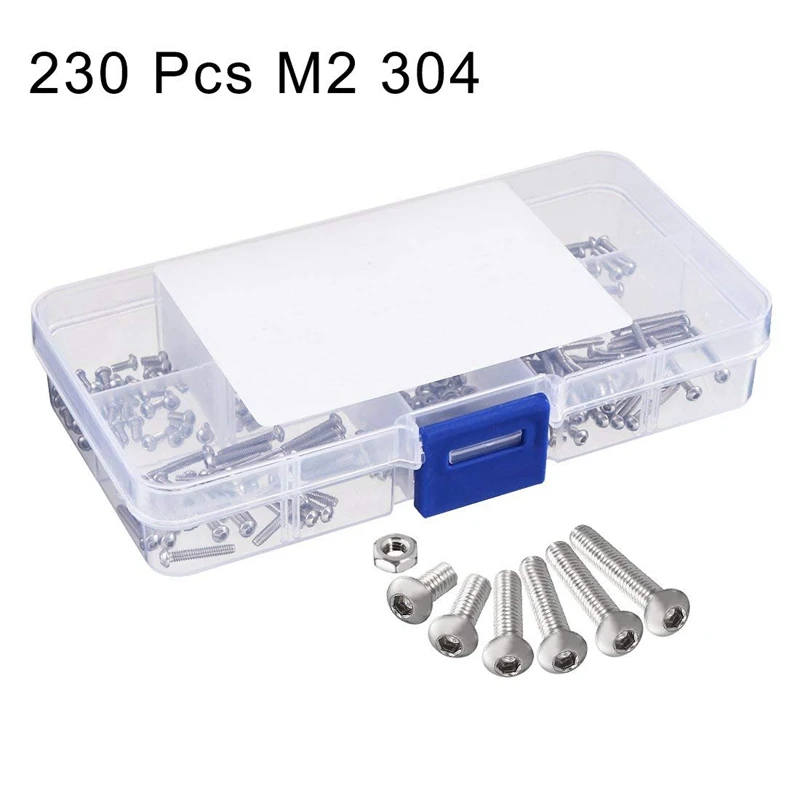 230pcs M2 304 Stainless Steel Hex Socket Button Head Cap Bolts Screws Nuts Kit 1