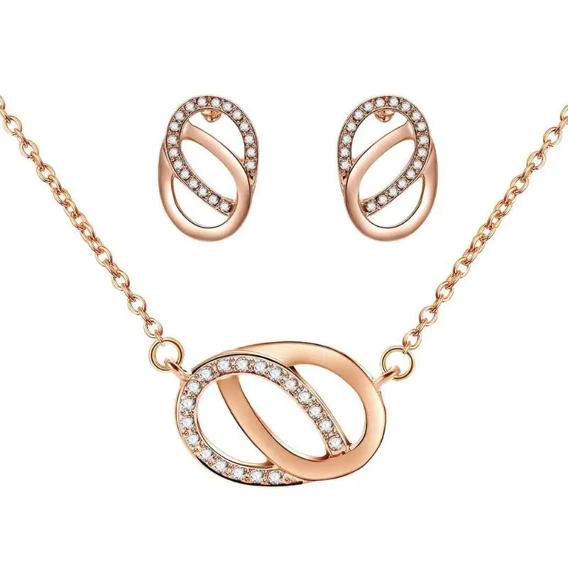 

JOCESTYLE Fashion Necklace Earrings Set Gold-Color Double Ring Buckle Rhinestone Elegant Pendant Wedding Party Jewelry Gift