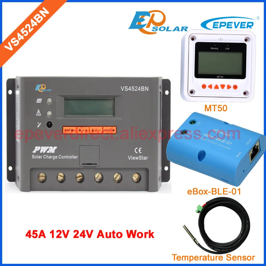 

MT50 remote meter and bluetooth adapter VS4524BN 45A 45amp 12v solar panels system charger controller with temperature sensor