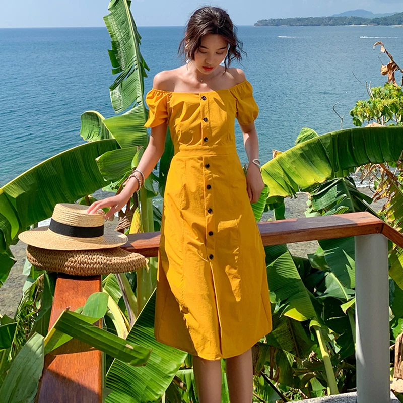 Summer Women Yellow Button Sundress Female Tropical Midi Ginger Sea Beach Dress Elegant Vacation Vintage Korean Runway Dress New