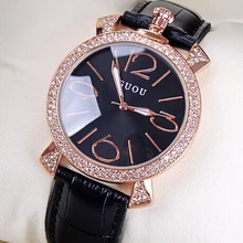 GUOU8115 Ventas Calientes de Oro Rosa de Bling Cristal Negro Dial Banda de Cuero Genuino 3ATM Impermeable Analógico Cuarzo de Las Mujeres Reloj de Pulsera