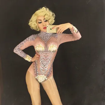 

Sexy Rhinestones Bodysuit Women Shining Dance Wear Costumes Baalmar Stage Party Birthday Leotard Wear Nightclub Bar Jumpsuit DJ