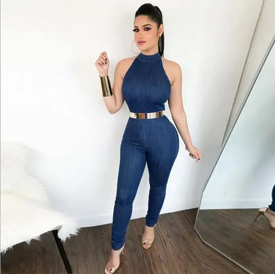 

2019 African apparel new outfit denim crew neck sleeveless jumpsuit