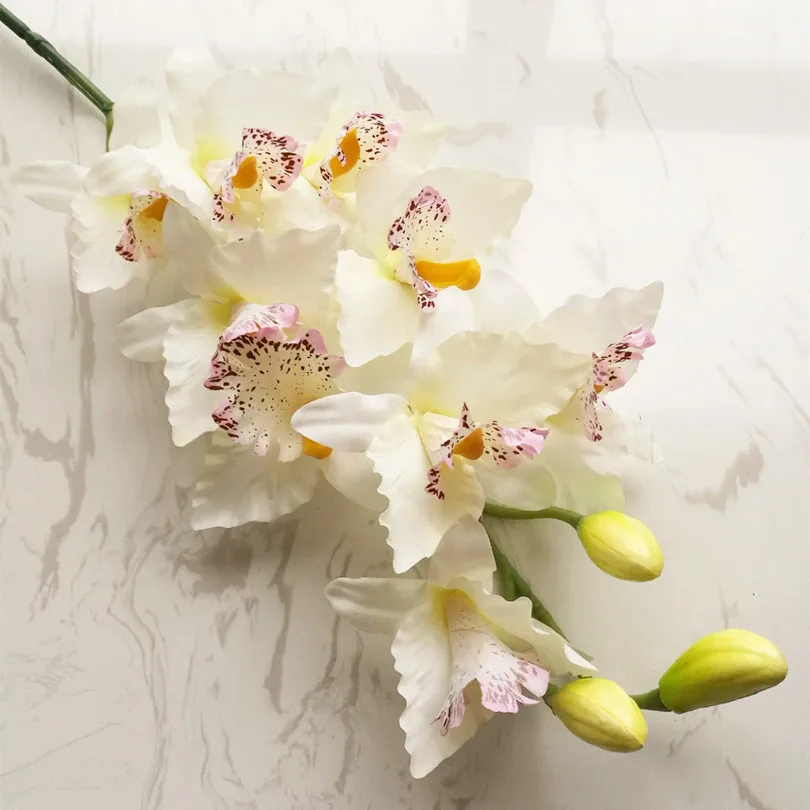 8 шт. искусственные орхидеи Cymbidium большого размера 9 головок Cattleya Hybrida цветы орхидеи для свадьбы центральные декоративные цветы - Цвет: cream