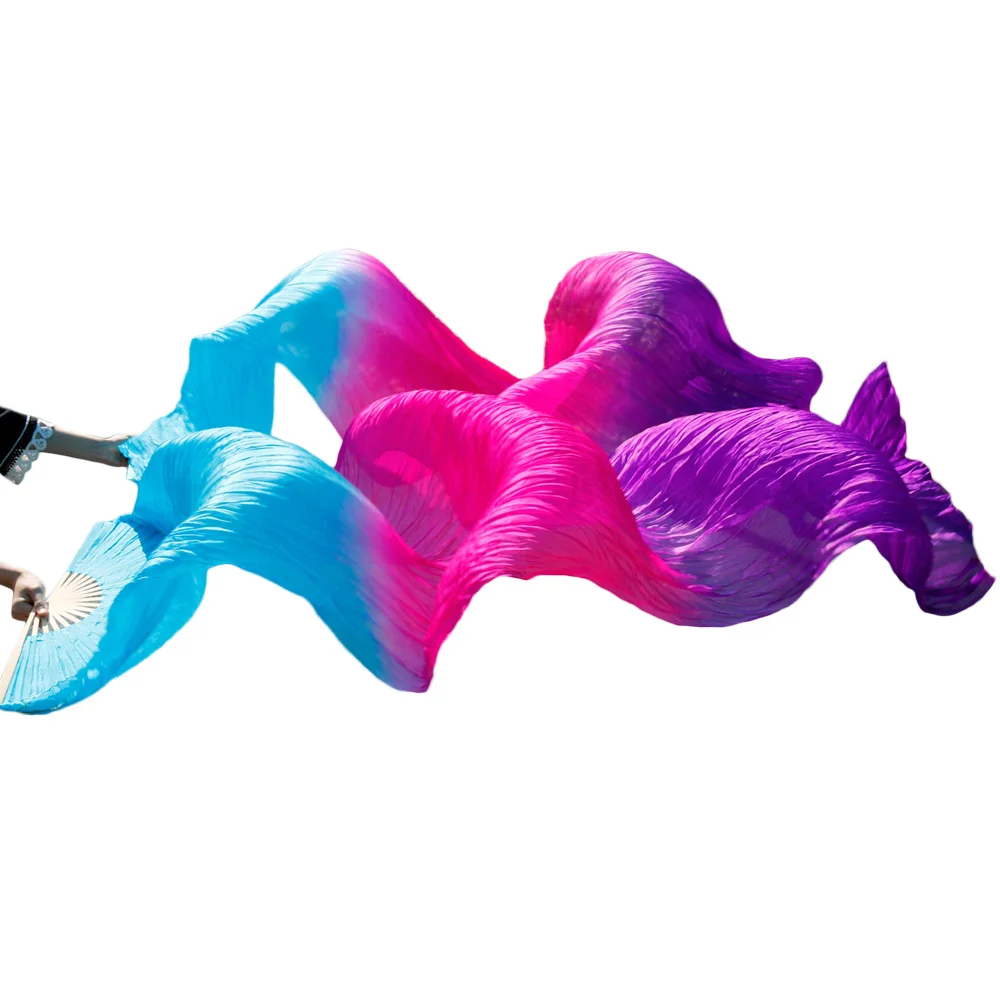 Stage Performance 100% Silk Belly Dance Fans Gradient Colour Dance Accessories Belly Dancing Silk Fans turquoise+rose+purple