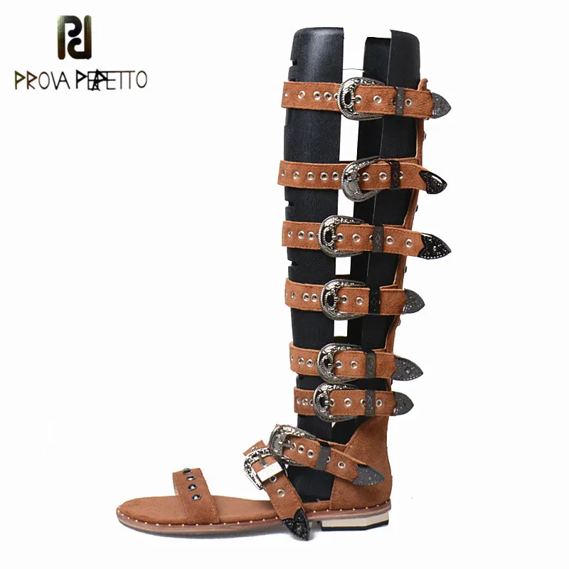 

Prova Perfetto 2018 Summer Rome Style Sandals Woman Flat High Top Peep Toe Real Leather with Rivet Buckle Strap Female Sandals