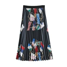 Женская плиссированная юбка в стиле ретро с цепочками и эластичной резинкой на талии; винтажные Женские повседневные шикарные юбки до середины икры; FFZBQ40