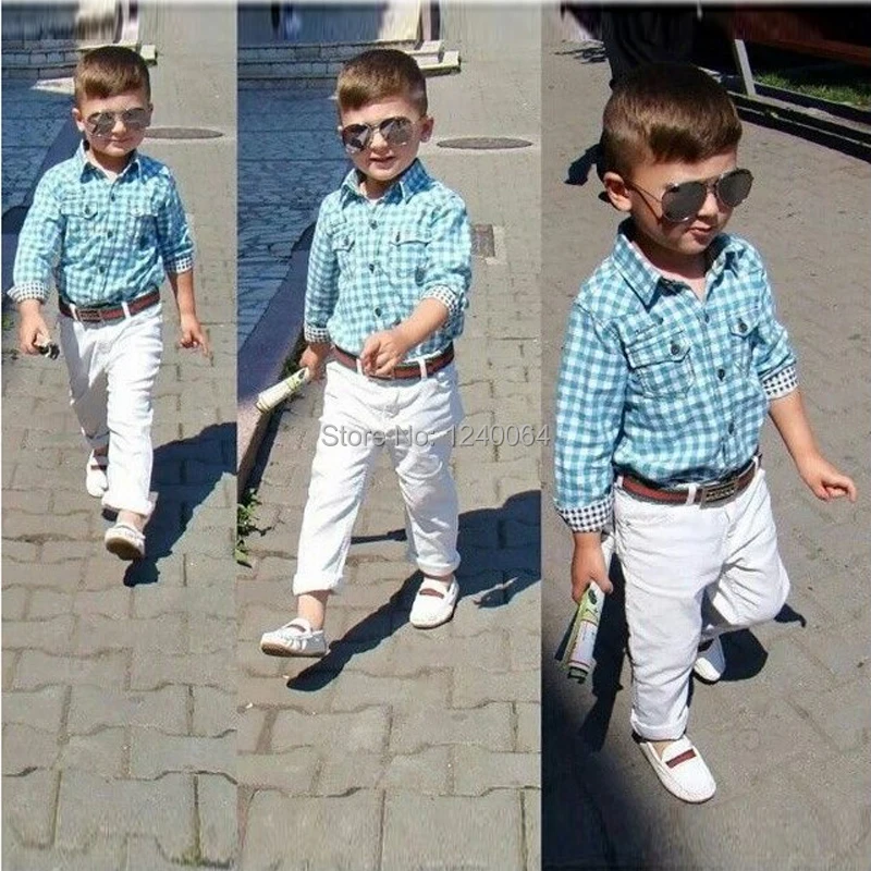 

New handsome boys clothing set/long sleeve blue plaid shirt suits,boy three-piece suit,Long sleeve plaid shirt+White pants+belt