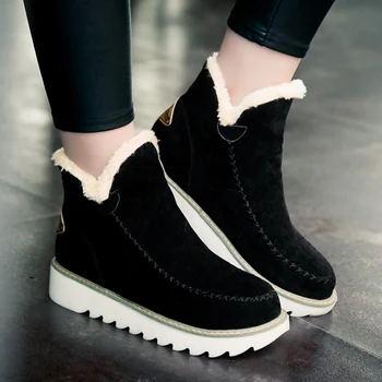 

Autumn Winter Women Snow Boots Round Toe Ankle Warm Plush Boots Slip-On Women Shoes Flats Black Beige Brown Plus Size 34-43