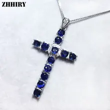 ZHHIRY для женщин натуральный сапфир крест цепочки и ожерелья подвеска из натуральной твердой 925 пробы серебряные подвески