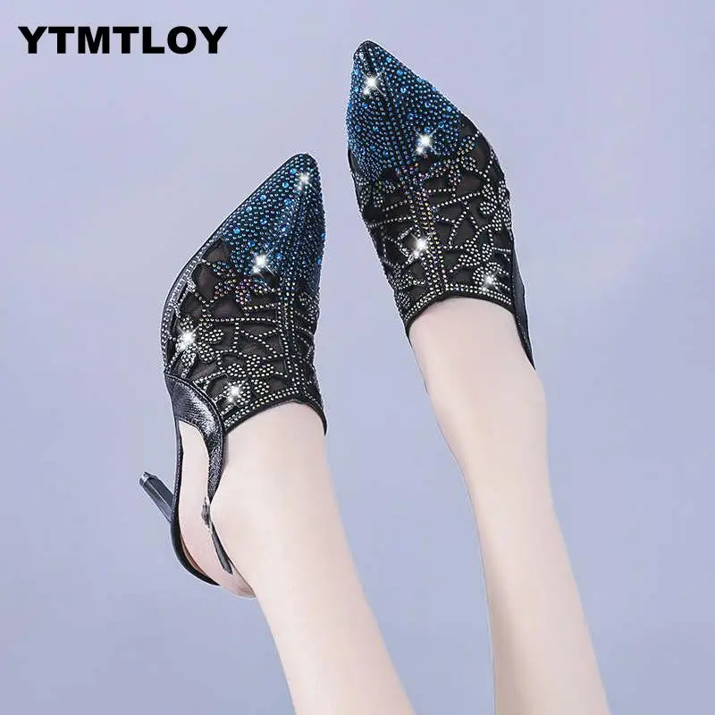 HOT Spring Sexy Pumps Fashion Rhinestones Diamond Beaded Super High Thin Heeled Pointed Toe Slingbacks Women Shoes Gold