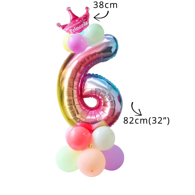 32 дюйма Радуга шара с цифрой Фольга воздушных шаров в форме единорога День рождения Шелковый бант девочка с днем рождения День рождения обруч-украшение для волос в виде короны - Цвет: 32inch number set 6