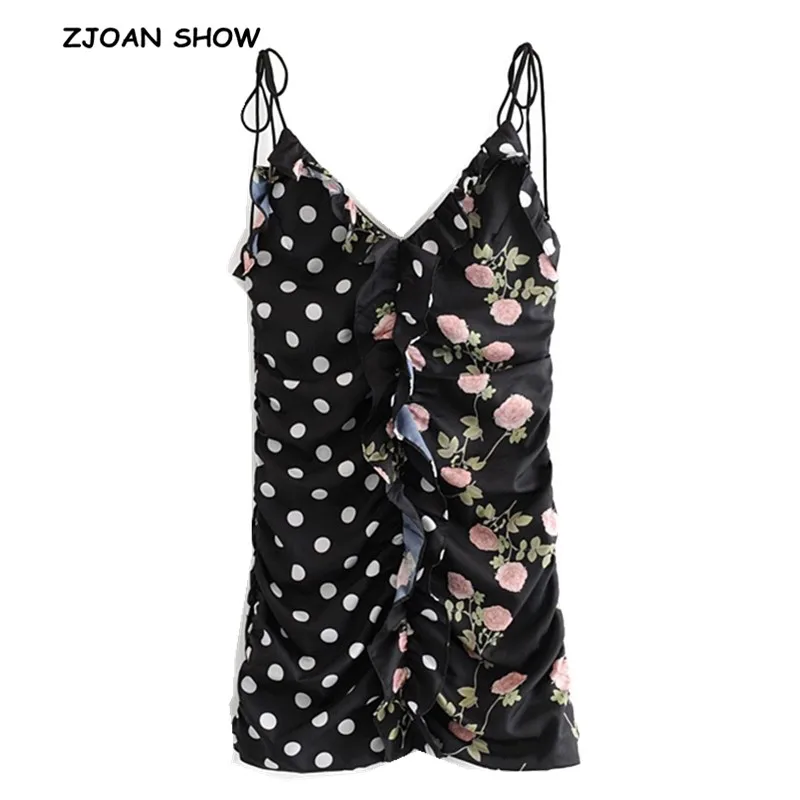 

2019 Sexy Polka Dot Stitching Floral Print Splice Ruffles Summer Spaghetti Strap Dress Ruched Lacing up Mini Short Party Dresses