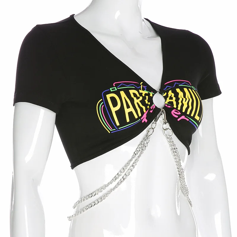 BOOFEENAA/Сексуальная футболка с цепочкой, короткий рукав, с буквенным принтом, графическая футболка, женская одежда, модная уличная одежда, кроп топы, C67-I67