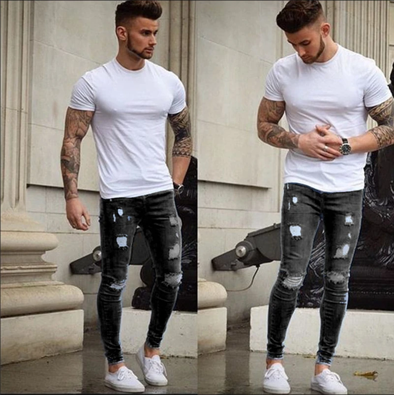 Skinny Jeans Men Hip Hop Stripe Elastic Slim Fit Denim Pants  Male  Bottoms street Knee Ripped Holes Jean Stretchy Pencil jeans