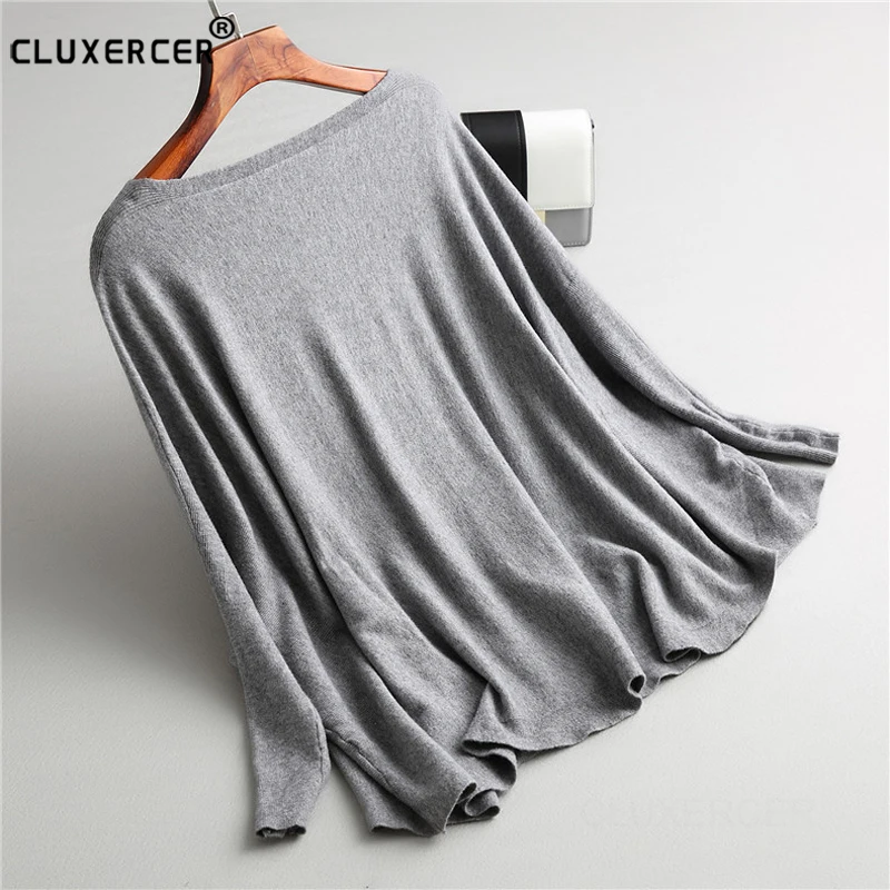 Autumn winter Knitted pullover sweater Women warm gray Batwing sleeve jumper