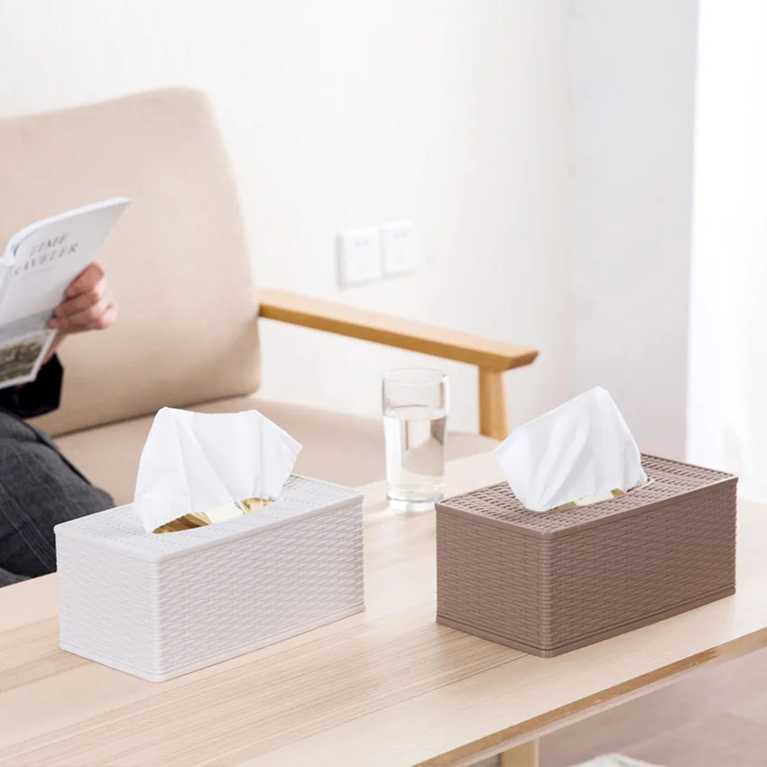 

Creative Tissue Box Cover Removable Paper Towel Tissue Plastic Box Weaving Napkin Container Holder for Home Storage