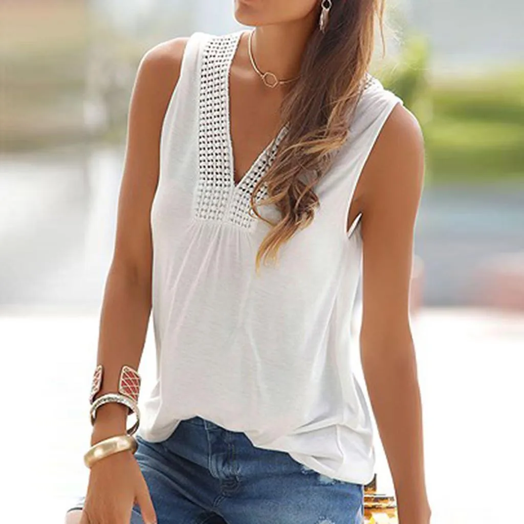 

Fashion Women Tank Tops Causal Simple Solid Beach Lace Sleeveless V Neck Female Tops Vest Shirt Summer 2019 Hot