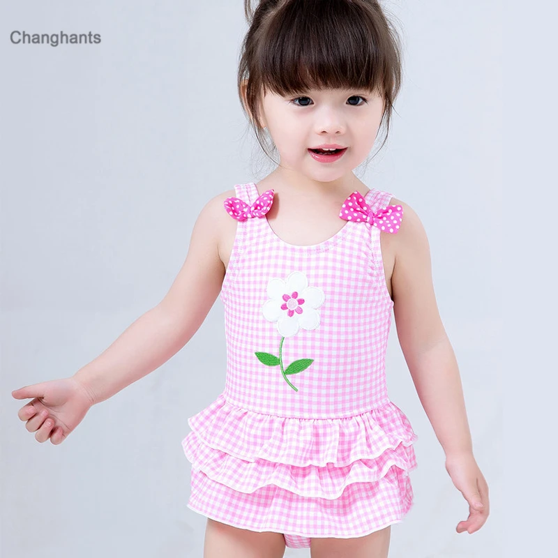 New Models Kid Girl Swimsuit Pink Plaid with Flower and Bow knot Baby