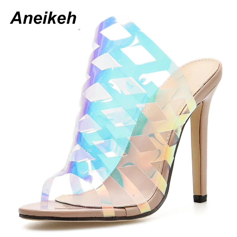 

Aneikeh 2019 Concise PVC Women Slipper Bling Transparent Round Toe Shallow PU Thin High Heel Slippers Slides Apricot Size 35-40