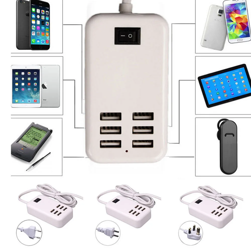 6 Ports US/UK/EU USB Socket Power Supply Strip Plug USB Power Charger