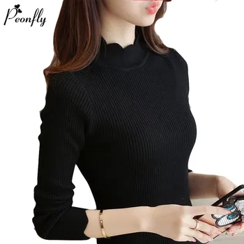 

PEONFLY Woman Elegant Half neck ruffles Long Sleeve Jumper Knitting Pullovers solid color slim Sweaters Female casual Clothes