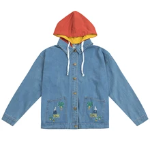 Осенняя джинсовая куртка с капюшоном для женщин Повседневная джинсовая куртка винтажная Harajuku женская Свободная куртка уличная Базовая куртка с цветочным принтом